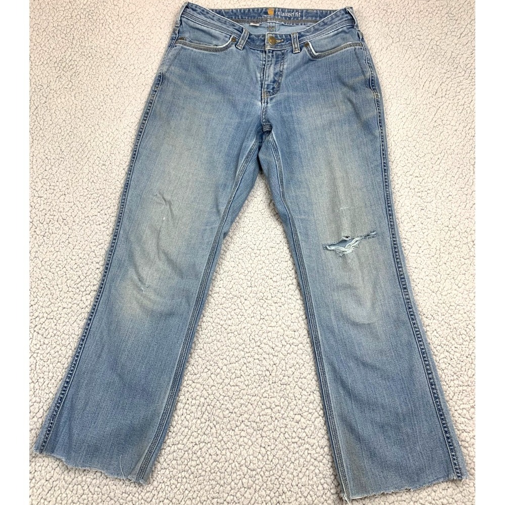 Carhartt Jeans Womens 4 Regular Blue Distressed Denim Straight Relaxed Fit Logo‎